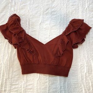 Express copper color ruffle cropped top, tie back, size: small